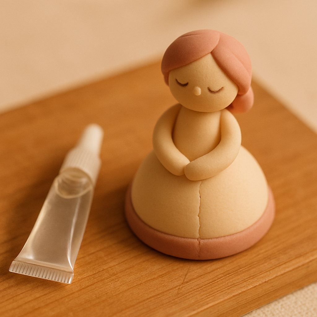 A small tube of clear craft glue sits beside a cake topper with a carefully repaired seam.