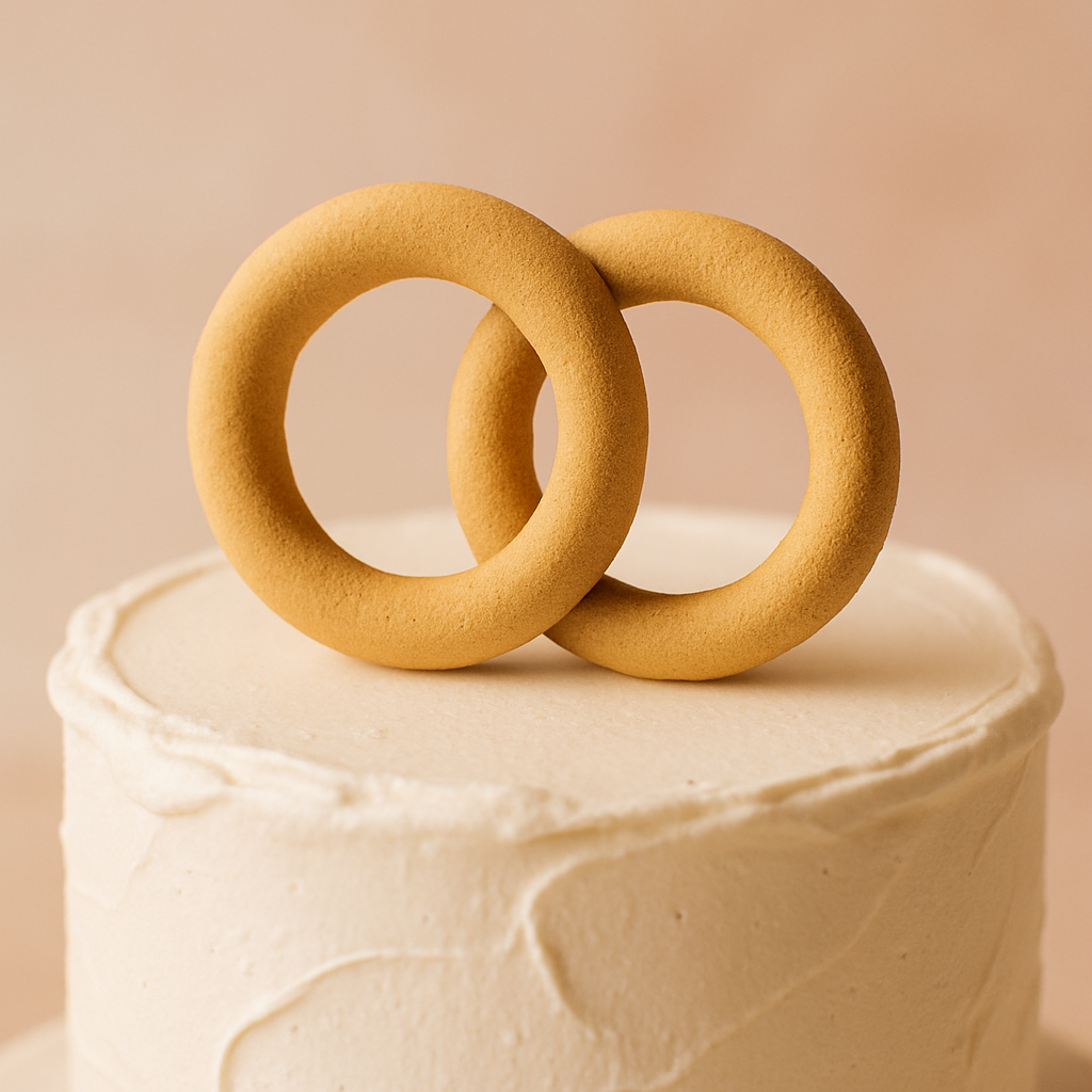 A cake topper shaped like two interlocking gold rings sitting on a white frosted cake.