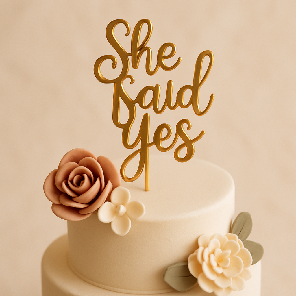 A gold She Said Yes script cake topper on a two-tier white cake with fresh flowers.