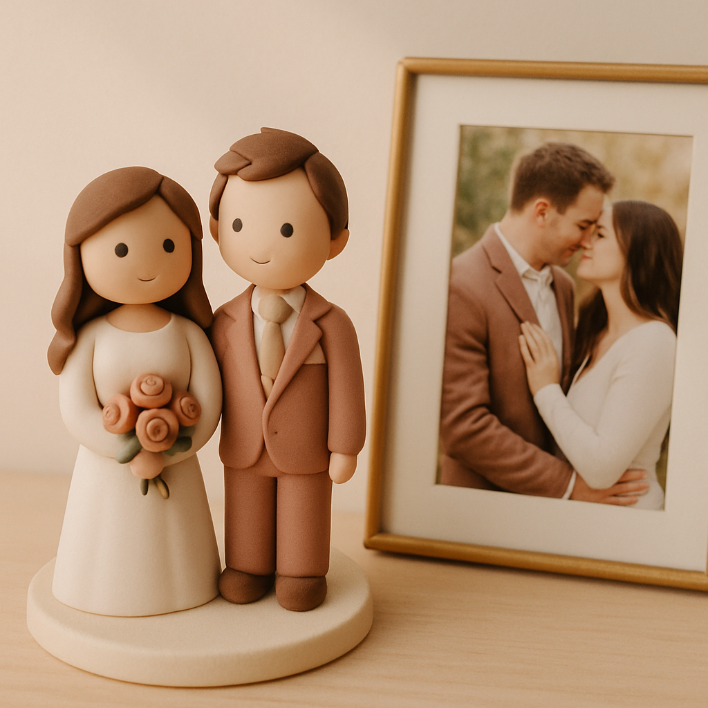 A cake topper kept on display at home next to a framed engagement photo.