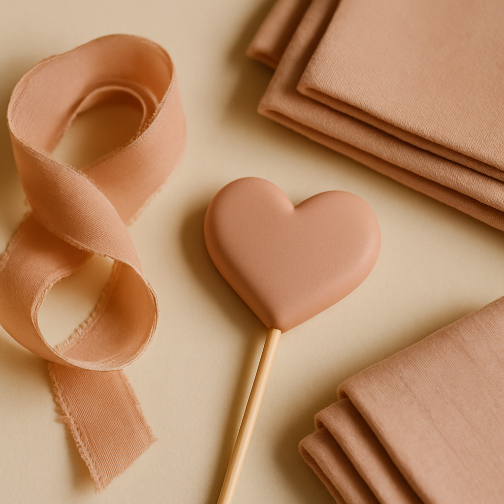 A blush-toned cake topper is styled alongside coordinating blush ribbon and napkins.