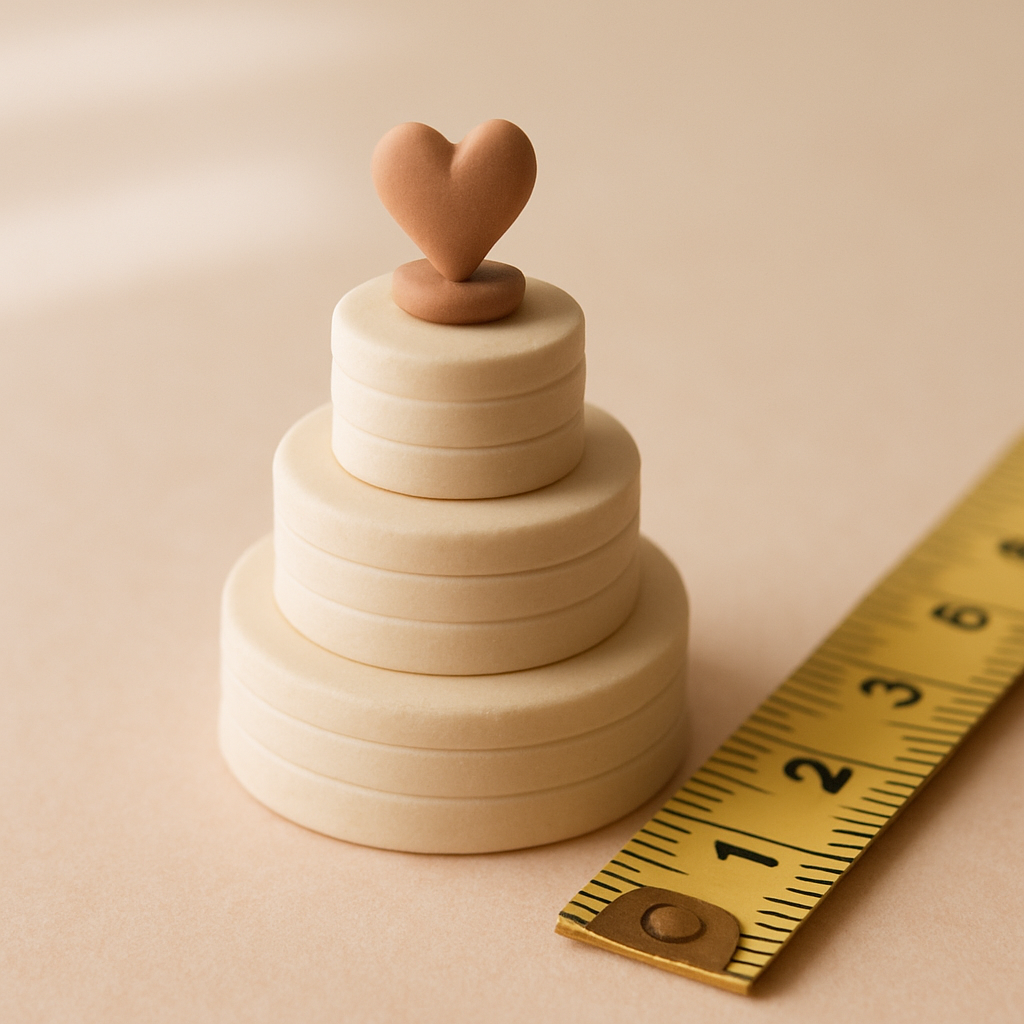 A three-tier cake displays a proportionally sized topper beside a measuring tape.