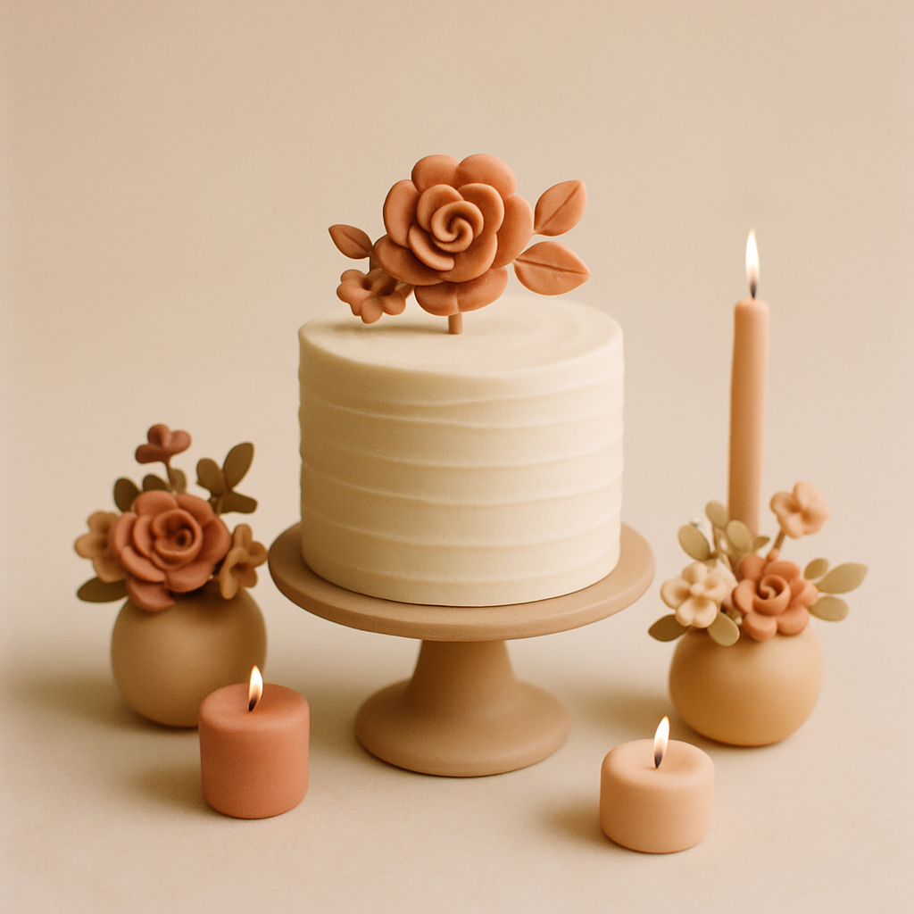 A cake topper stands at the center of a table styled with floral arrangements and candles in matching tones.