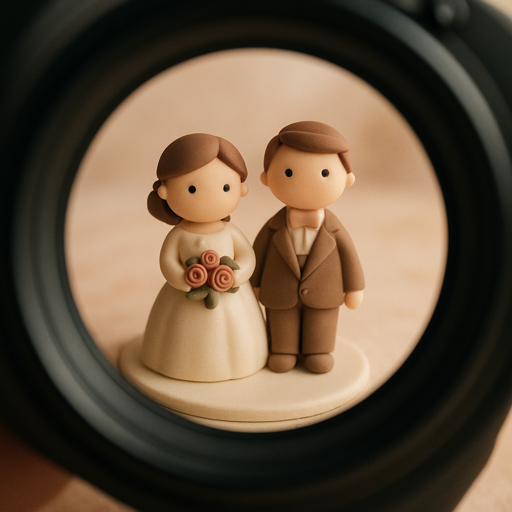 A camera is focused on a cake topper against a softly lit backdrop for photography.