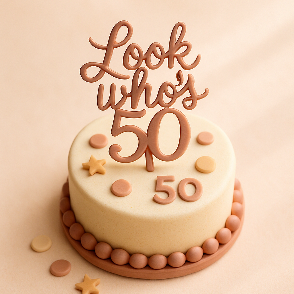 A playful script cake topper with a cheeky milestone birthday phrase on a colorful cake.