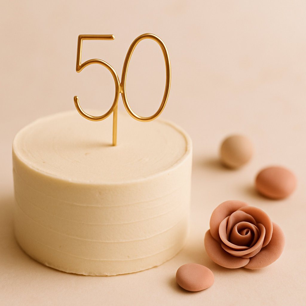 A slim minimalist gold number 50 cake topper on a smooth single-tier cake.