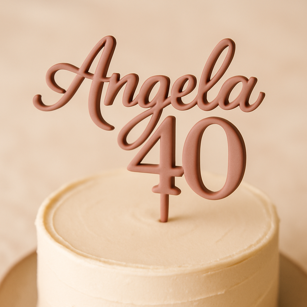 A custom cake topper combining a name and the number 40 in elegant lettering.
