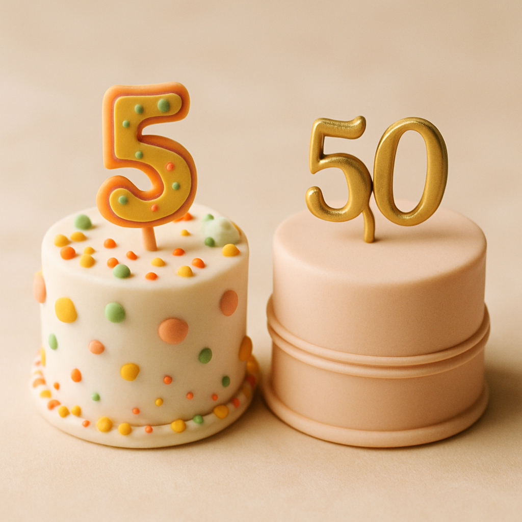 Two milestone birthday cakes side by side showing a playful topper versus a refined gold topper.