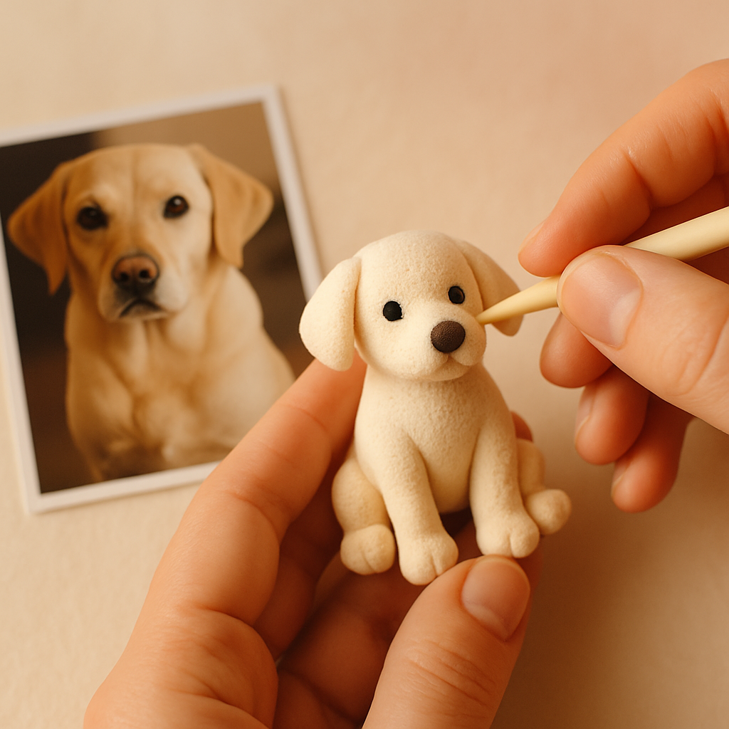A crafter's hands shape a clay dog topper while comparing it to a printed photo of the real pet.