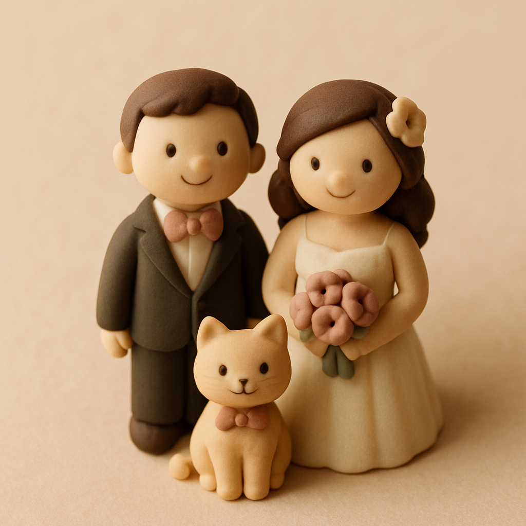 A miniature bride and groom topper stands next to a small cat figurine dressed in a bow tie.