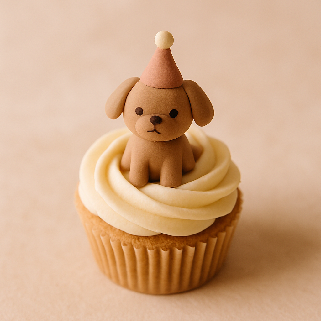 A cupcake is topped with a small clay puppy figurine wearing a birthday party hat.