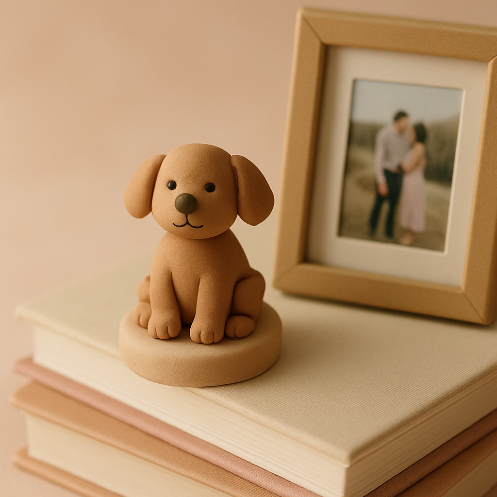 A clay dog cake topper sits on a shelf beside a framed photo as a lasting keepsake.