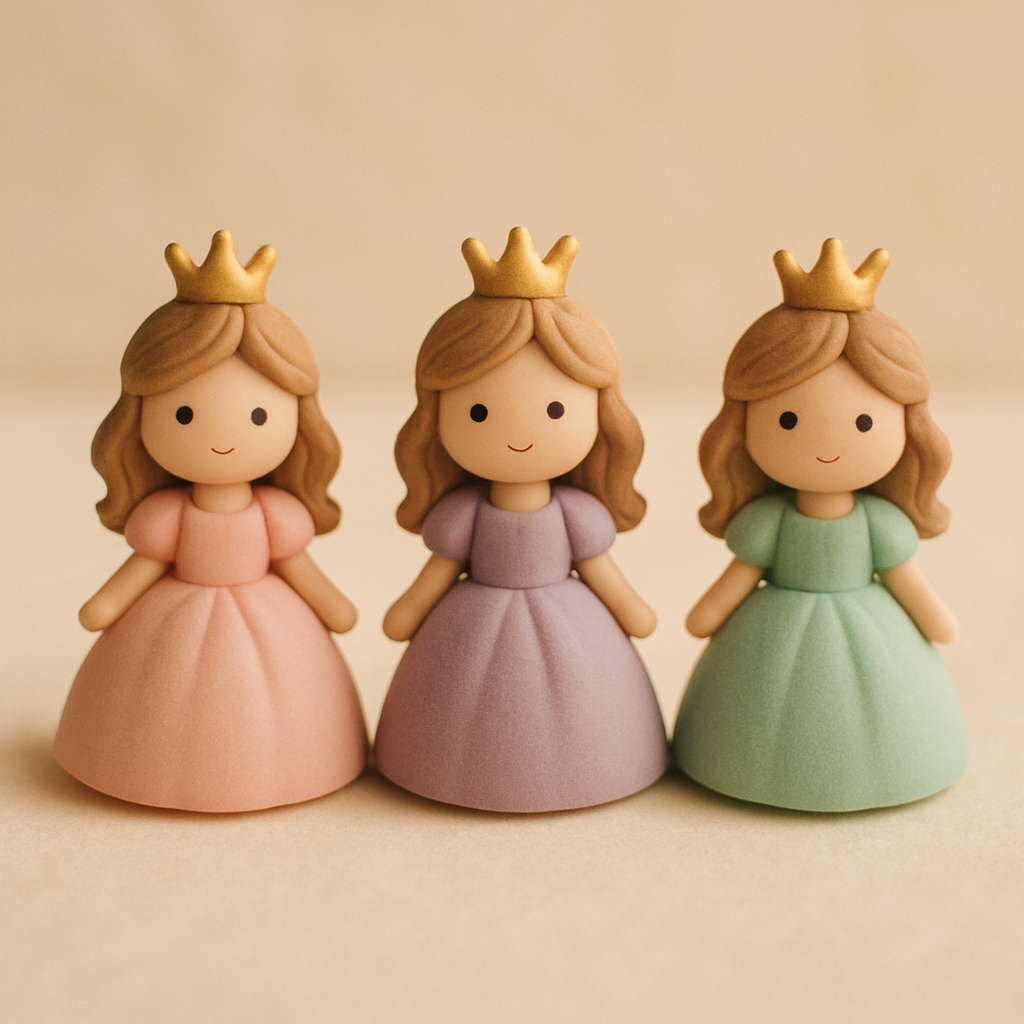 Three princess cake toppers in different gown colors, each topped with a small crown.