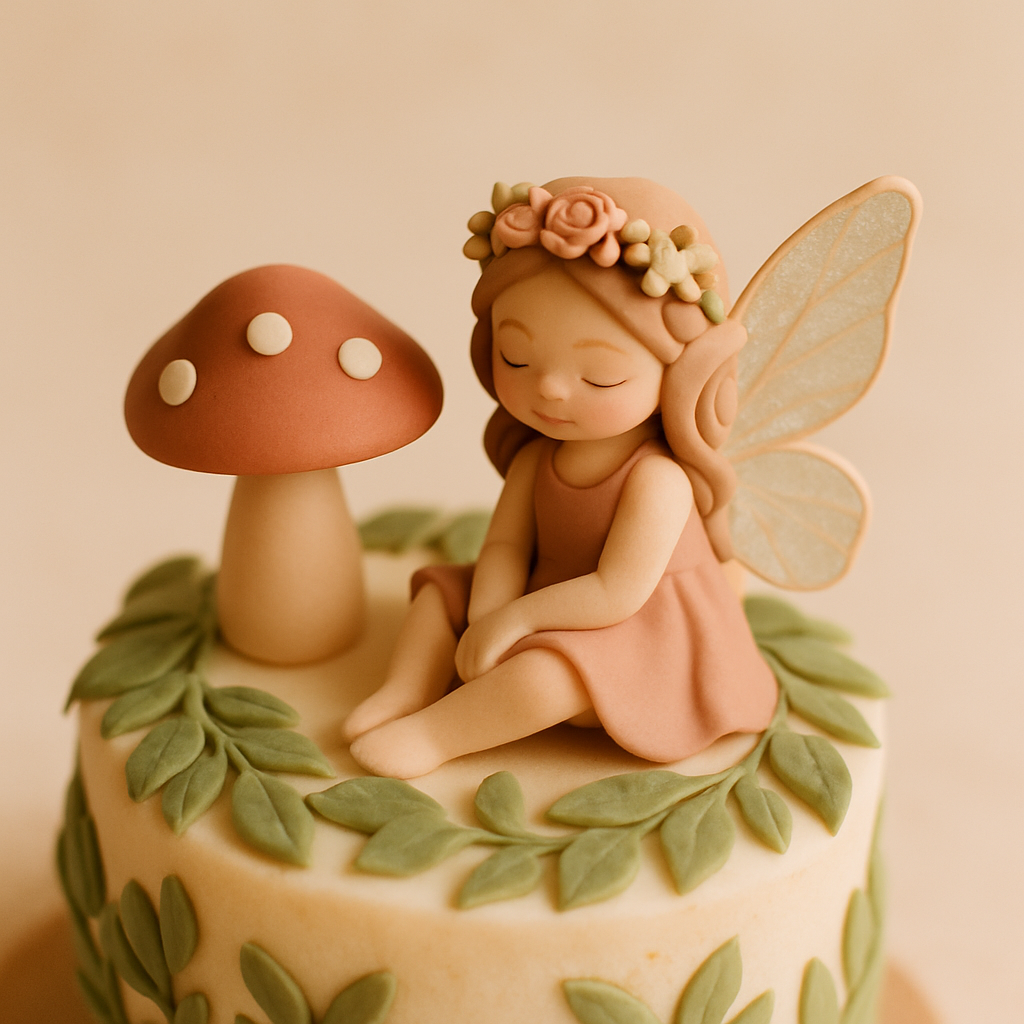 A fairy cake topper with iridescent wings and a flower crown sits beside a miniature toadstool.