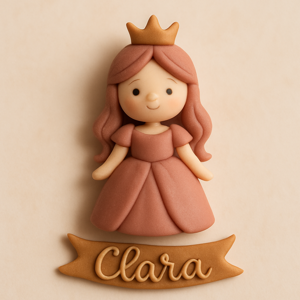 A princess cake topper sits above a small gold script banner with a personalized name.