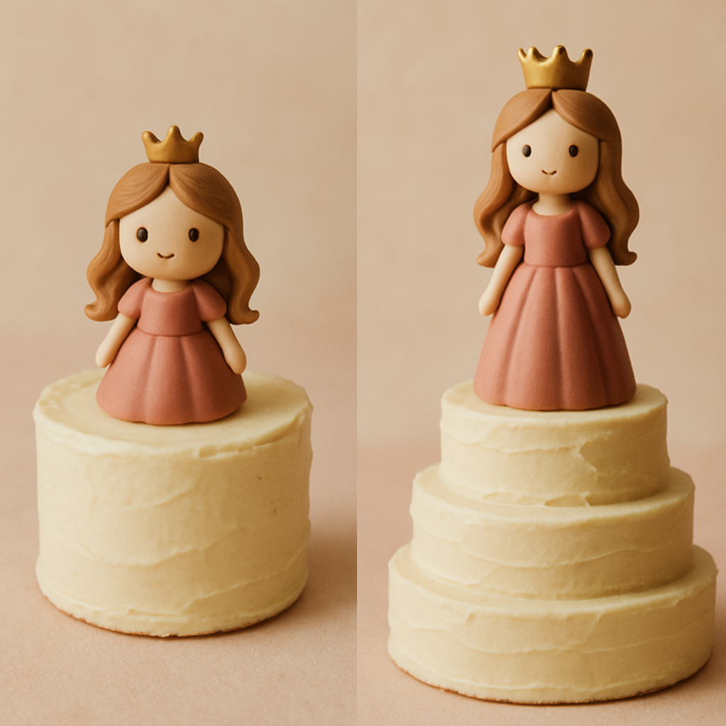 A princess cake topper is shown sized appropriately for both a single-layer cake and a taller tiered cake.