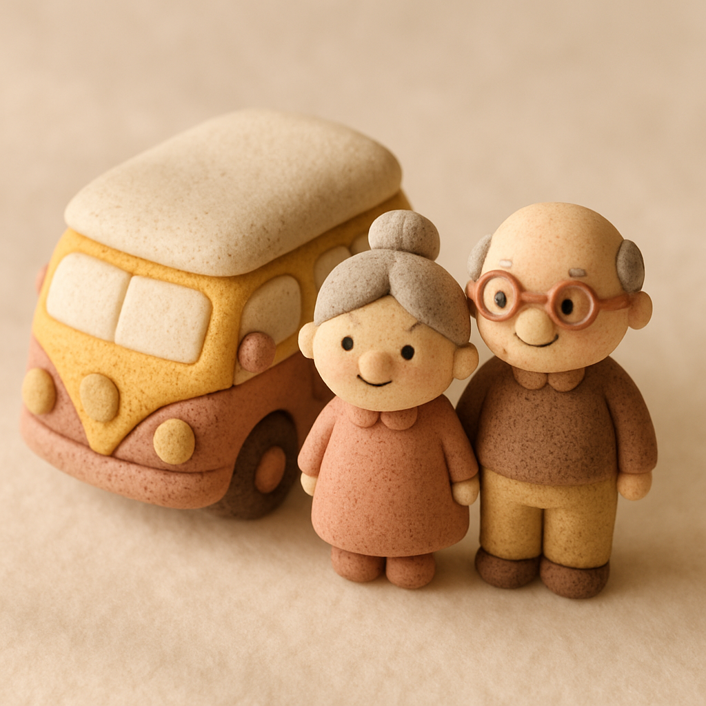 A small camper van cake topper stands beside a tiny figure of a retired couple.