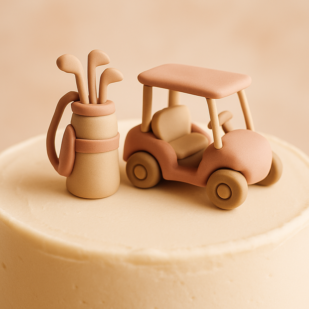 A miniature golf bag and golf cart cake topper sits on top of a retirement cake.