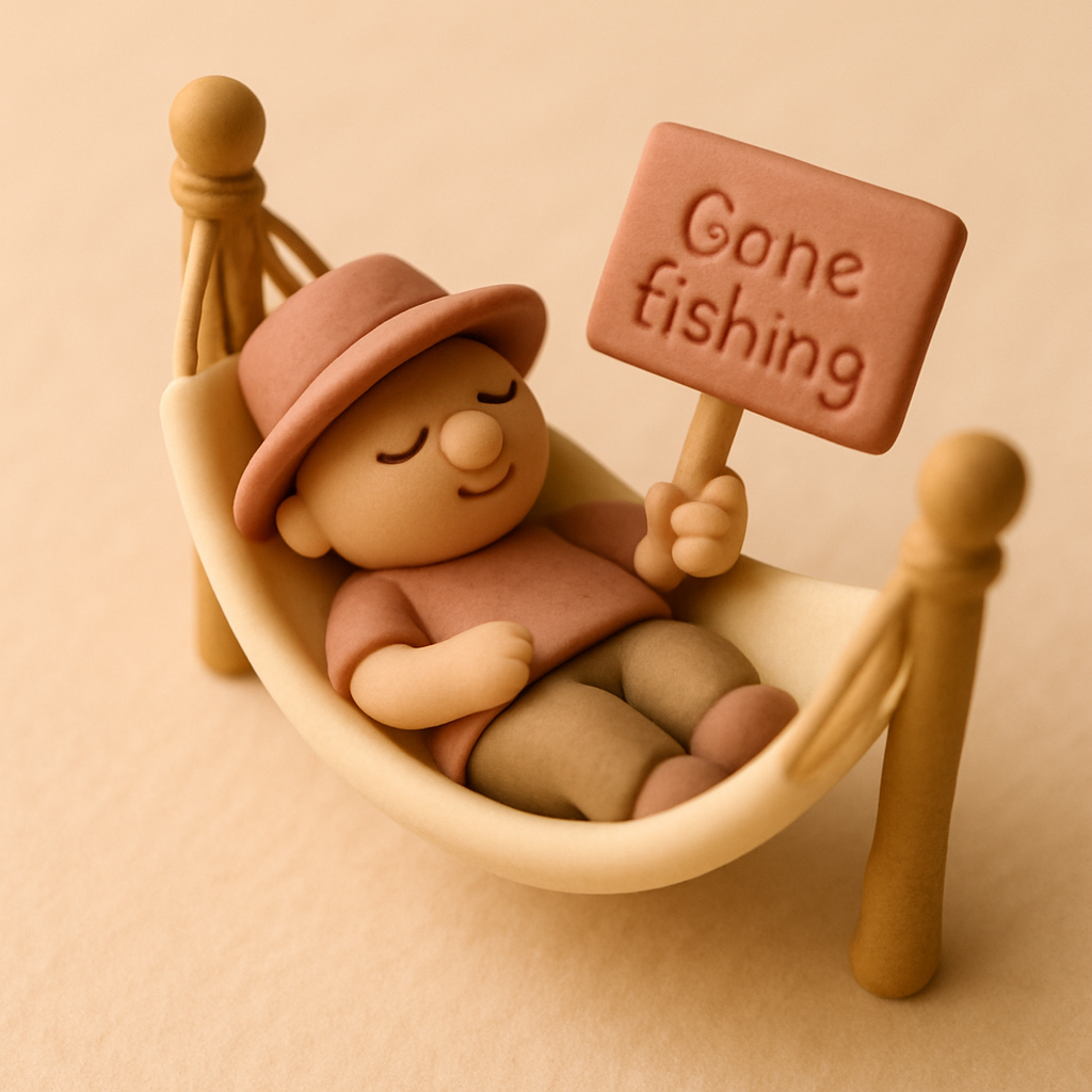A cake topper figure lounges in a hammock while holding a small sign that reads Gone Fishing.