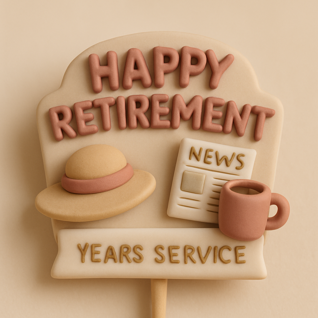 A retirement cake topper displays a small banner with a name and years of service beneath it.