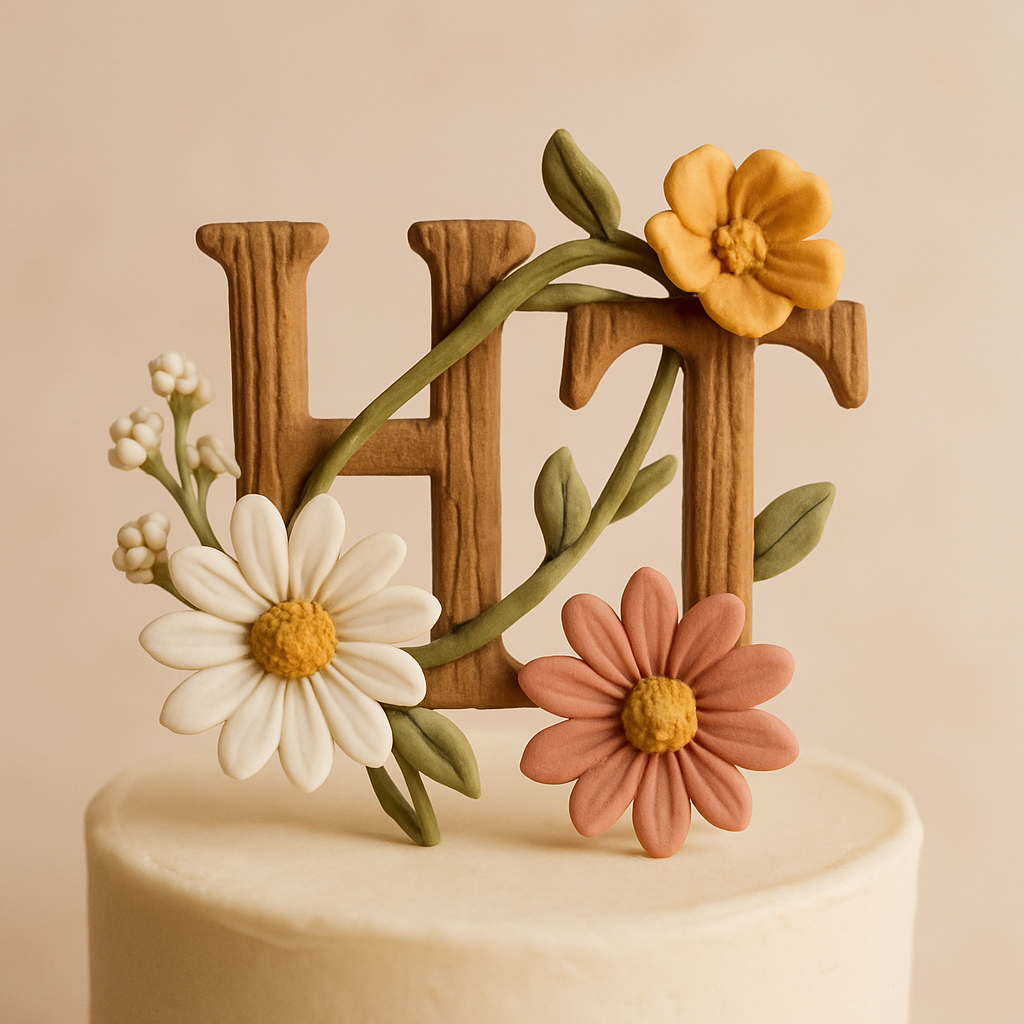 Hand-sculpted wildflowers and a trailing vine wrap around wooden-textured initials on a cake topper.