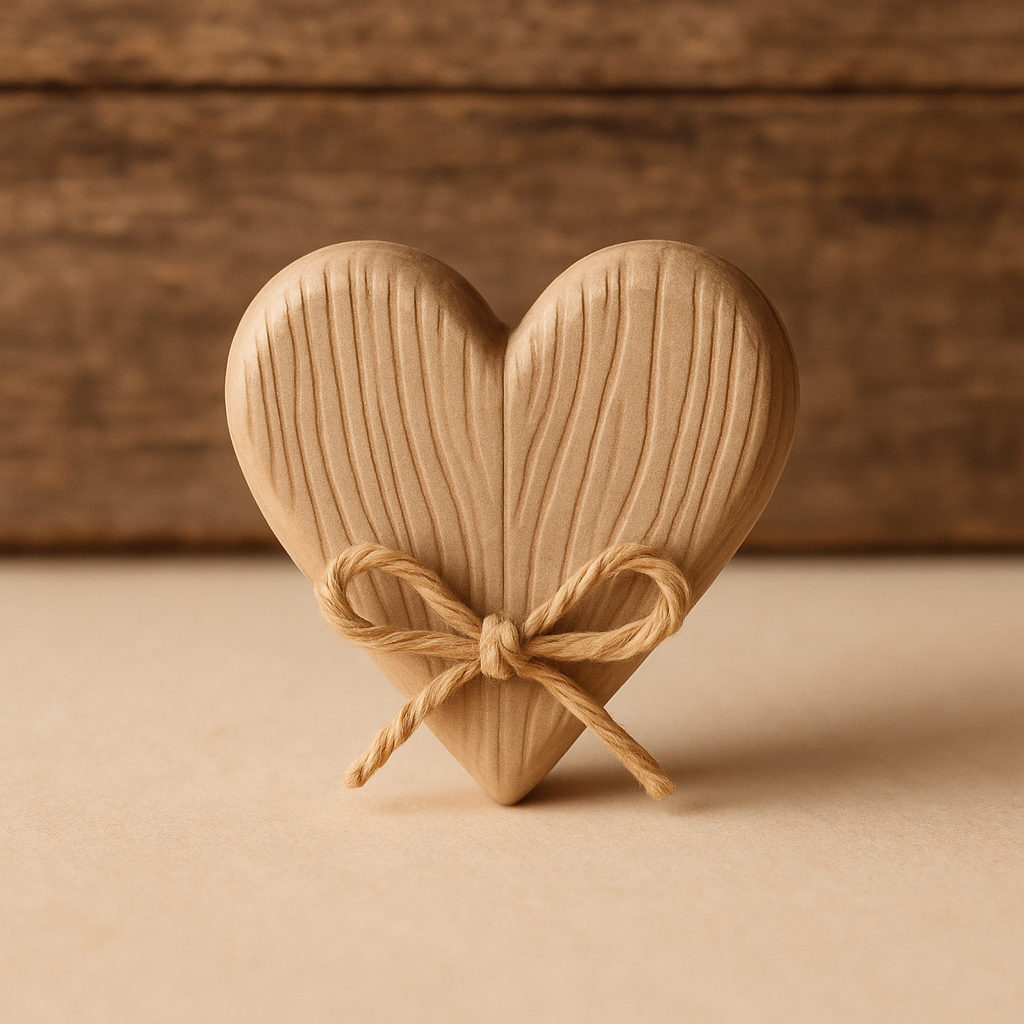 A cake topper with a painted wood-grain finish and twine bow accent is displayed against a rustic wooden backdrop.