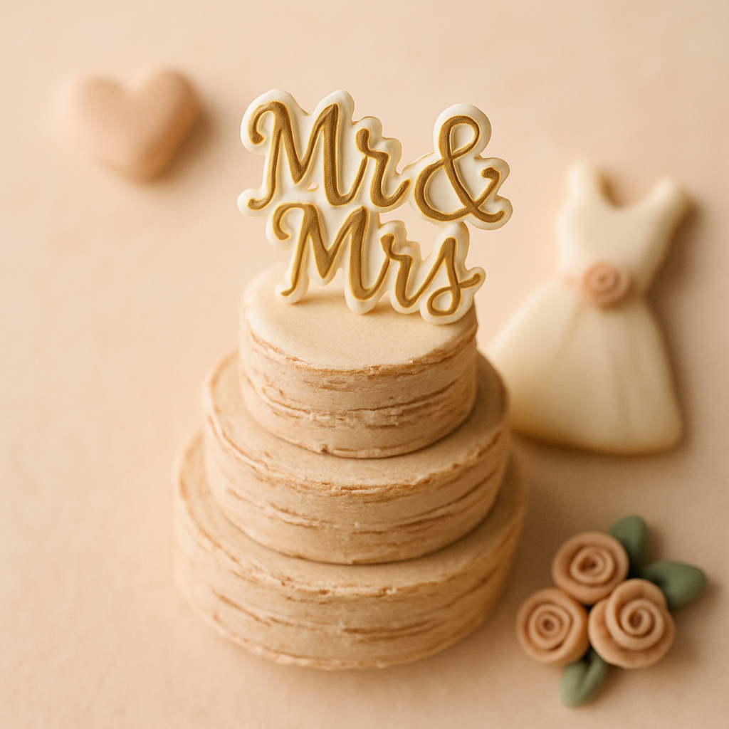 A cream and gold script topper reading Mr and Mrs sits atop a rustic three-tier wedding cake displayed outdoors.