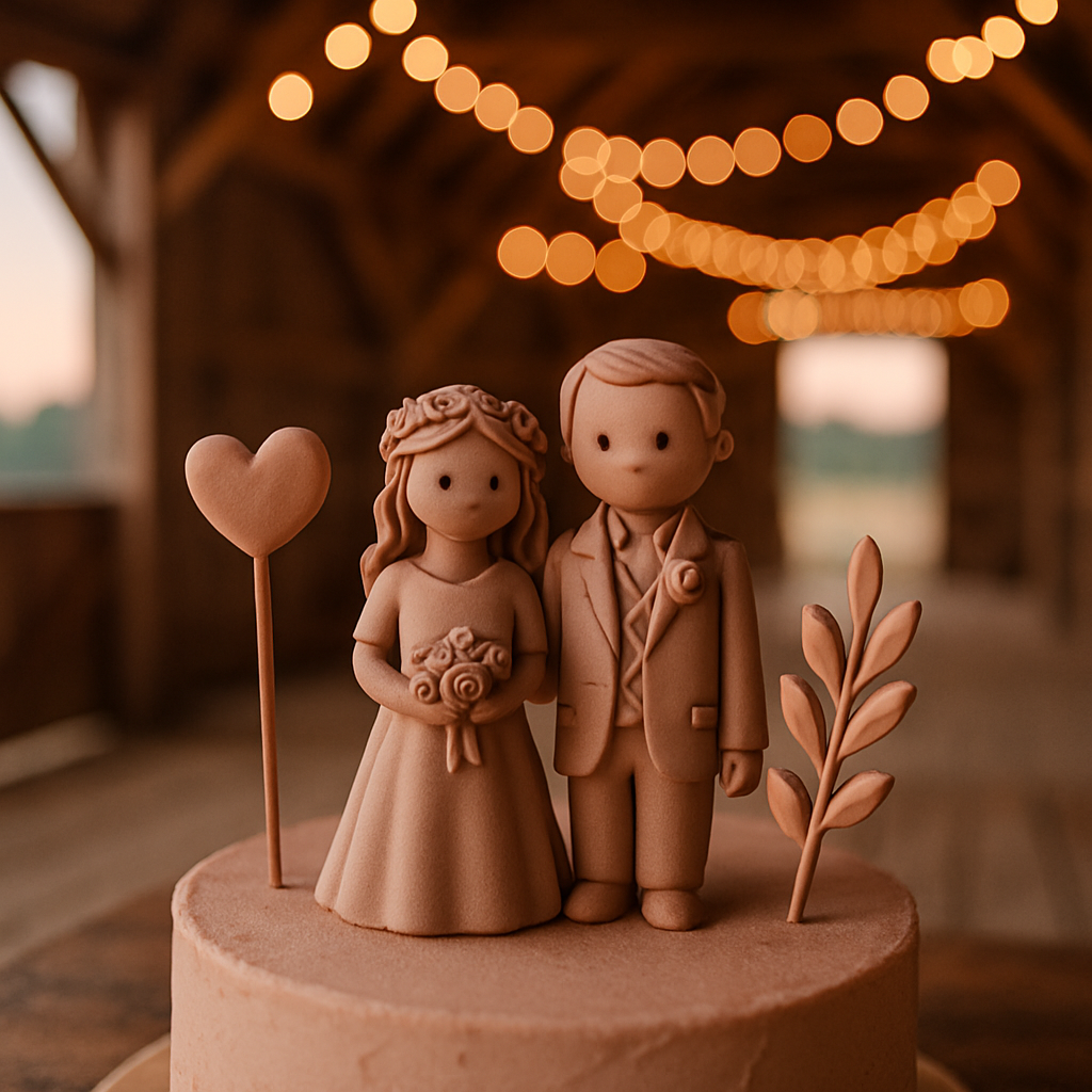 A rustic cake topper sits on a cake displayed on a wooden table inside a string-lit barn venue at dusk.