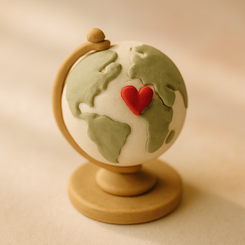 A miniature painted globe cake topper has a small red heart marking a specific location.