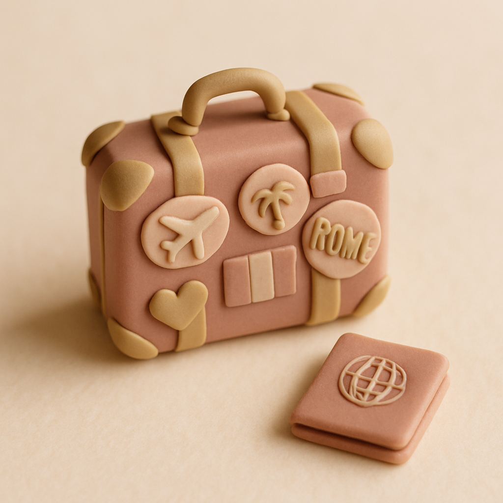 A tiny clay suitcase topper is decorated with miniature travel stickers and a passport detail.
