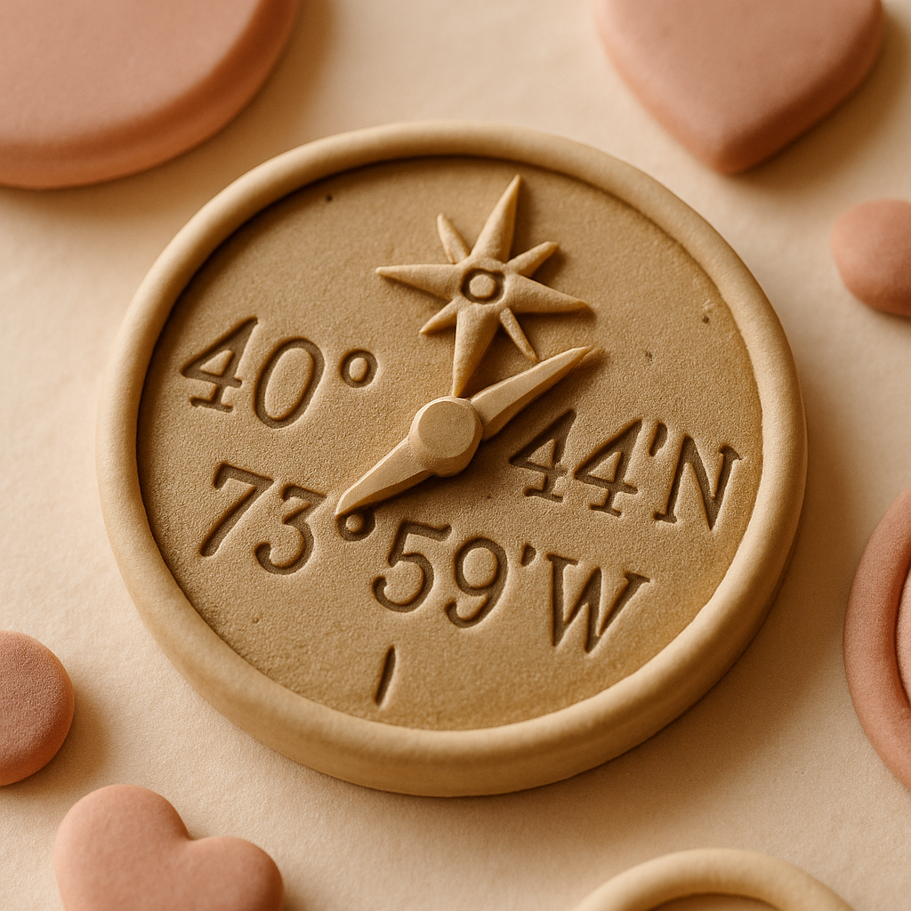A compass-shaped cake topper displays small latitude and longitude numbers as a personalized detail.