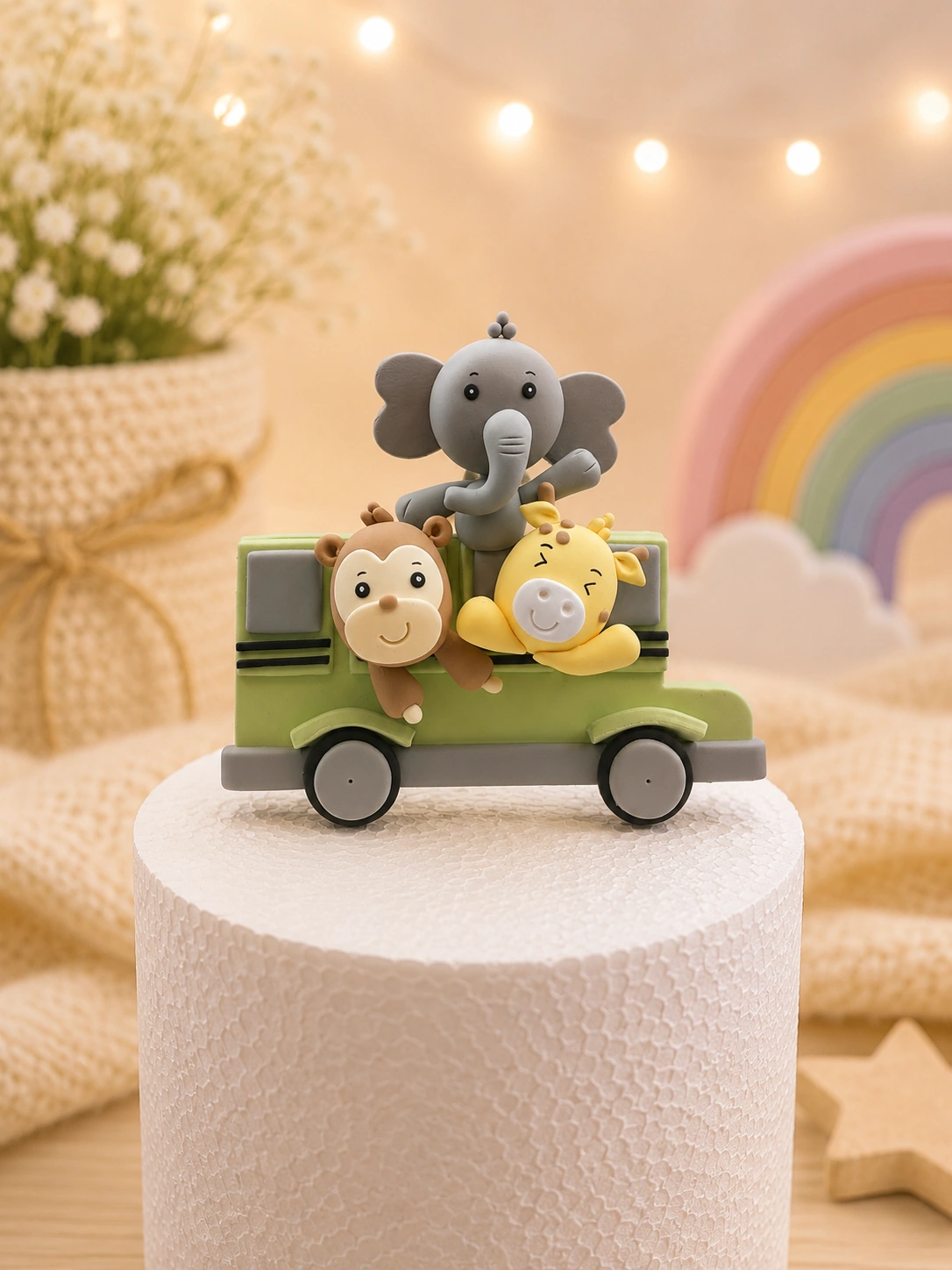 Handmade Safari Animal Jeep Cake Topper – Elephant, Monkey & Giraffe