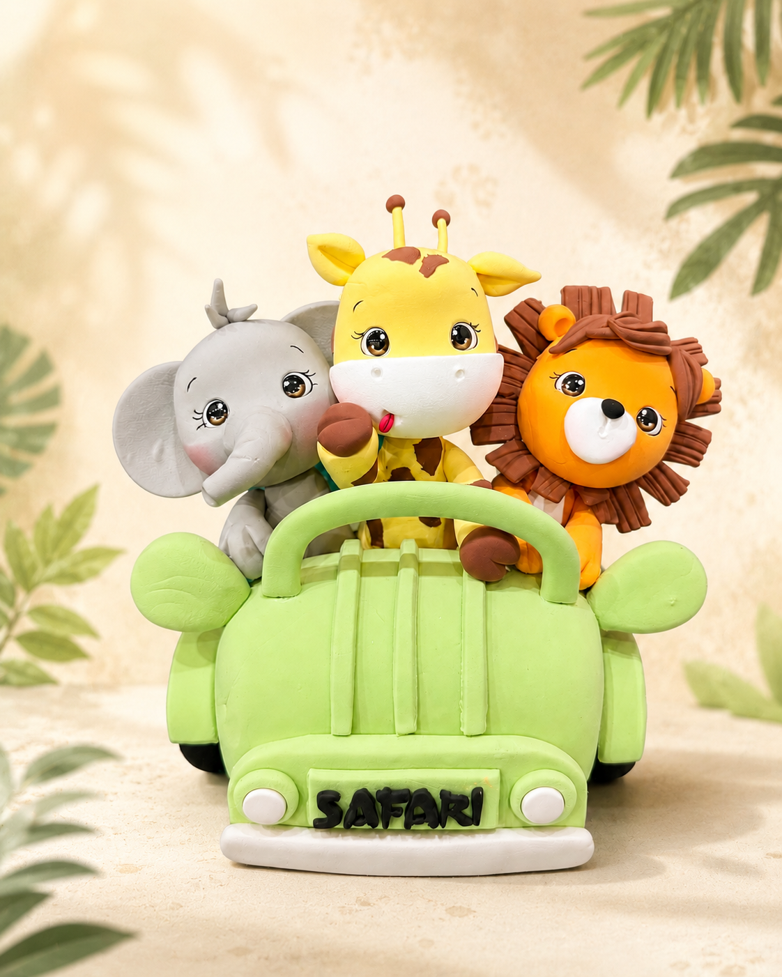 Handmade Safari Animal Friends Cake Topper – Elephant, Giraffe & Lion