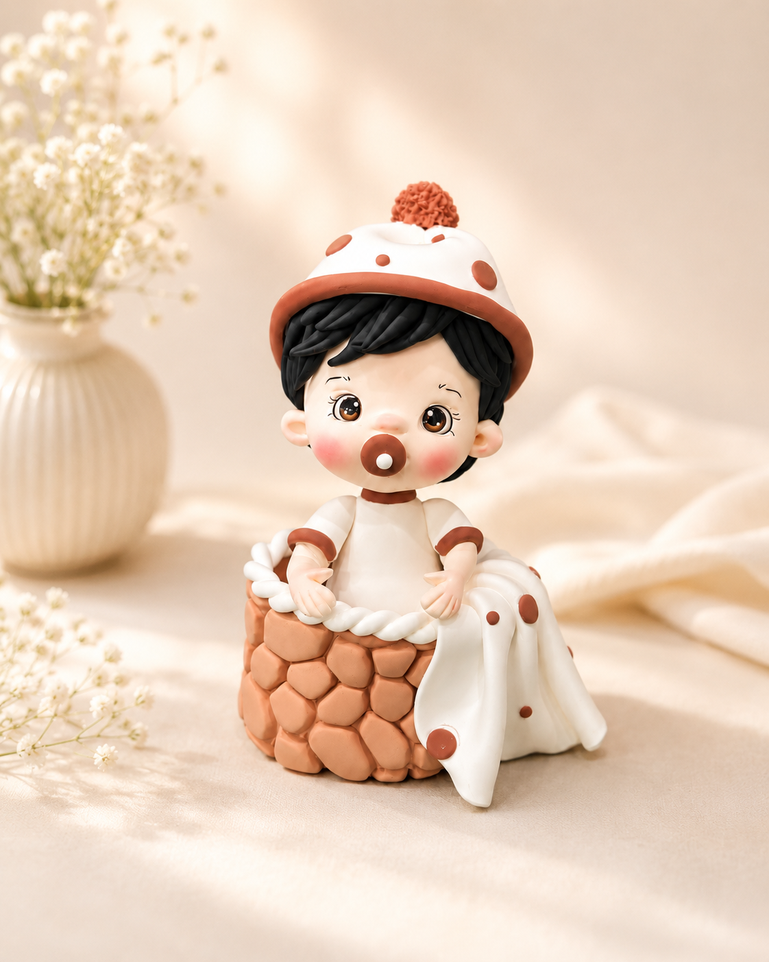 Handmade Baby Boy in Basket Cake Topper – Sweet Baby Figurine