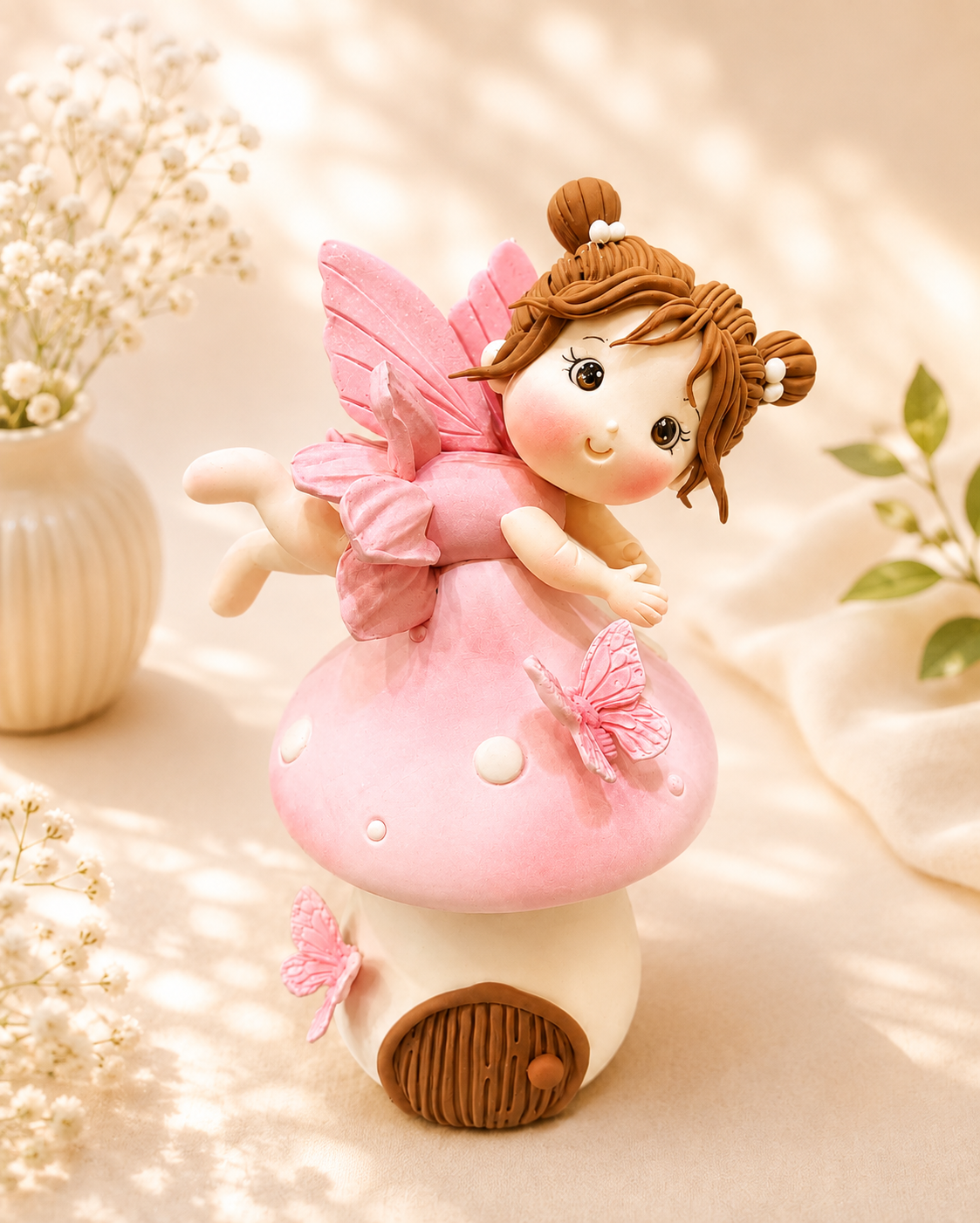 Handmade Pink Fairy on Mushroom Cake Topper – Enchanted Fairy Figurine