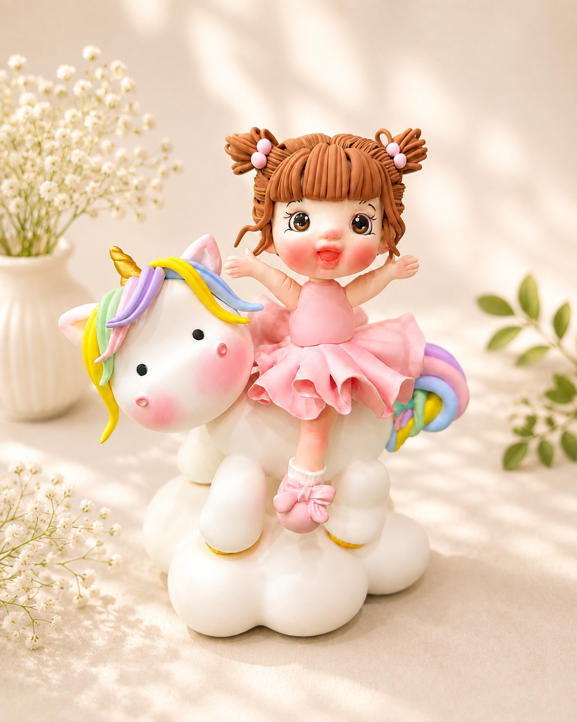 Handmade Unicorn Princess Cake Topper – Girl Riding Rainbow Unicorn