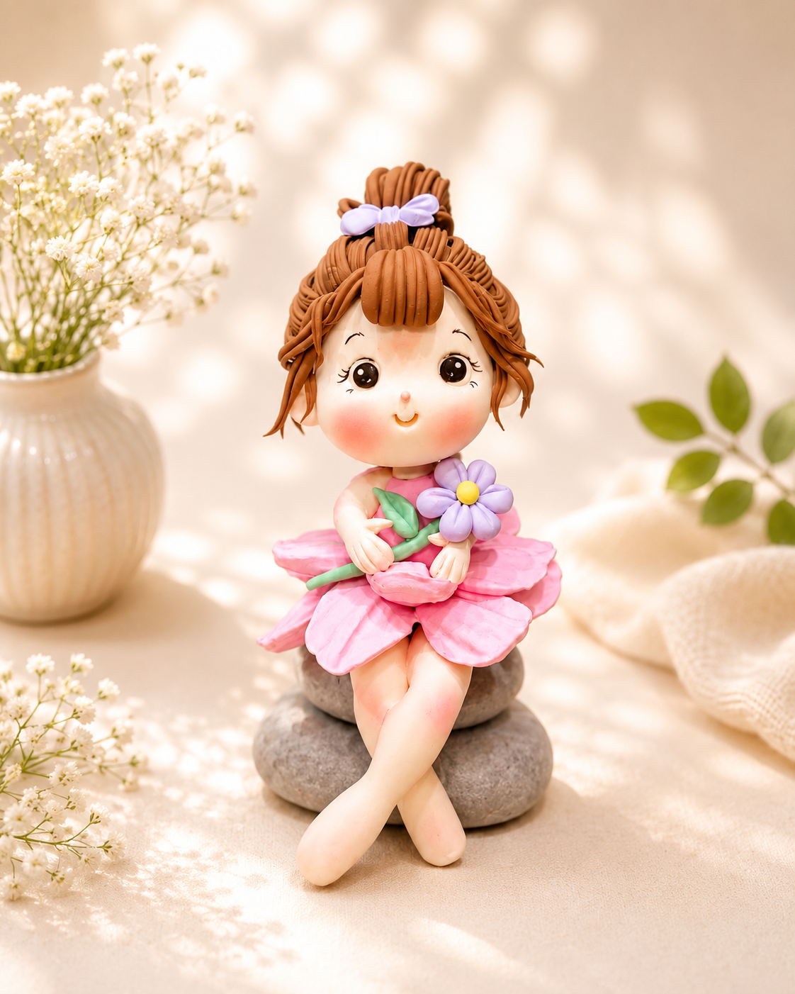 Handmade Flower Fairy Girl Cake Topper – Pink Petal Fairy Figurine