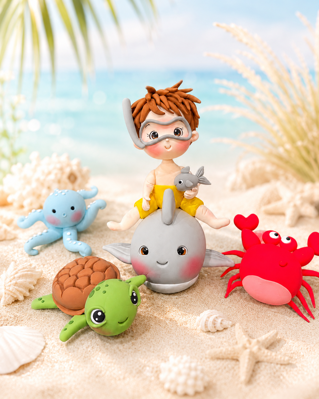 Handmade Ocean Adventure Cake Topper – Snorkeling Boy & Sea Animals