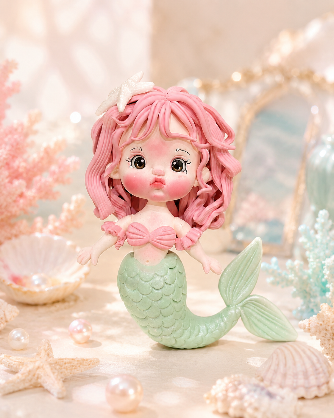 Handmade Pink Mermaid Cake Topper – Pastel Under the Sea Figurine