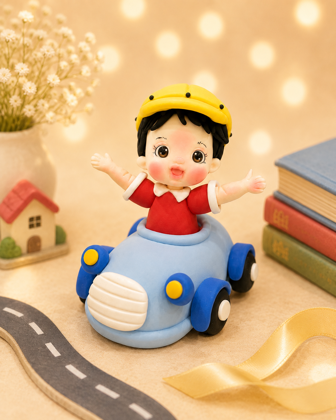 Handmade Little Boy in Car Cake Topper – Blue Car Birthday Figurine
