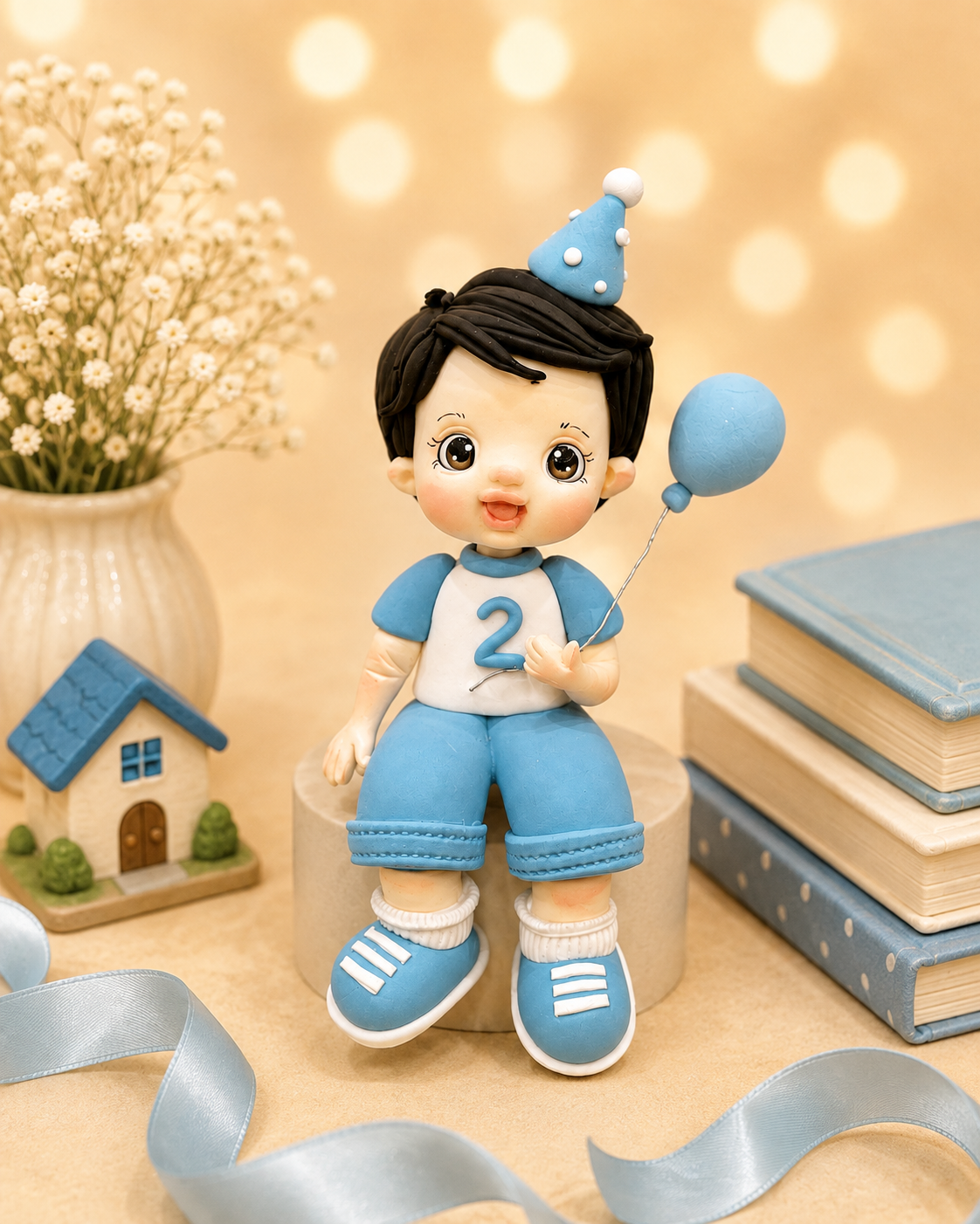 Handmade Birthday Boy Cake Topper – Boy with Balloon & Custom Age