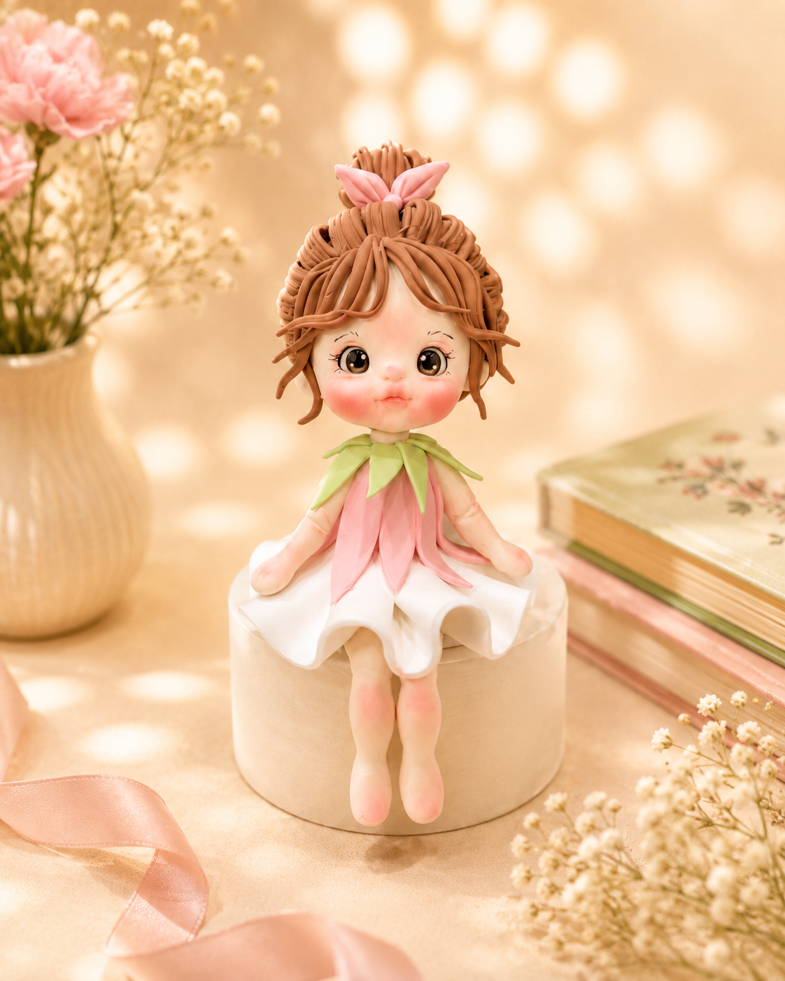 Handmade Petal Fairy Girl Cake Topper – Pink Flower Fairy Figurine