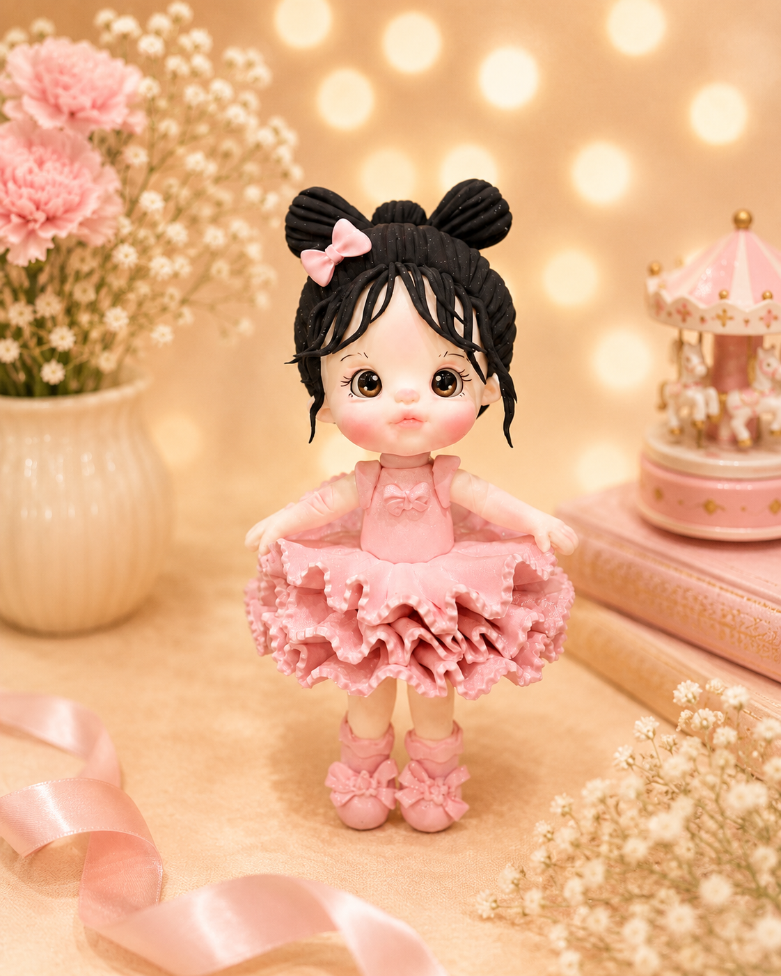 Handmade Pink Ruffle Girl Cake Topper – Sweet Birthday Girl Figurine