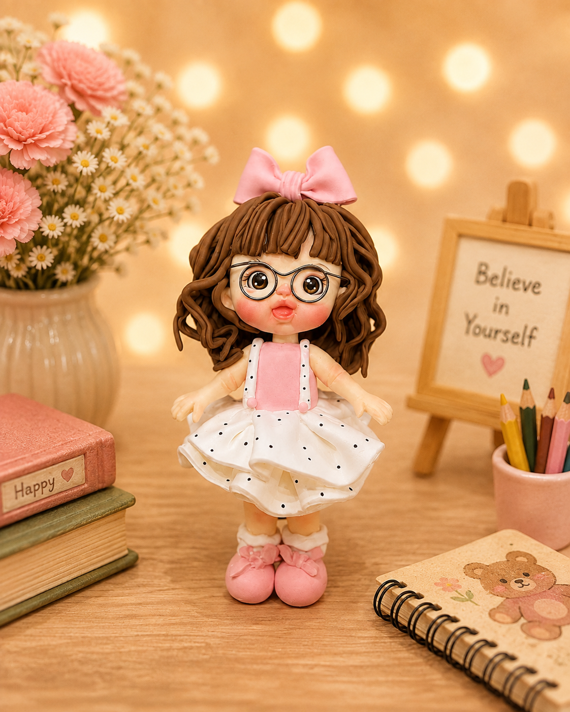 Handmade Sweet Glasses Girl Cake Topper – Cute Birthday Girl Figurine