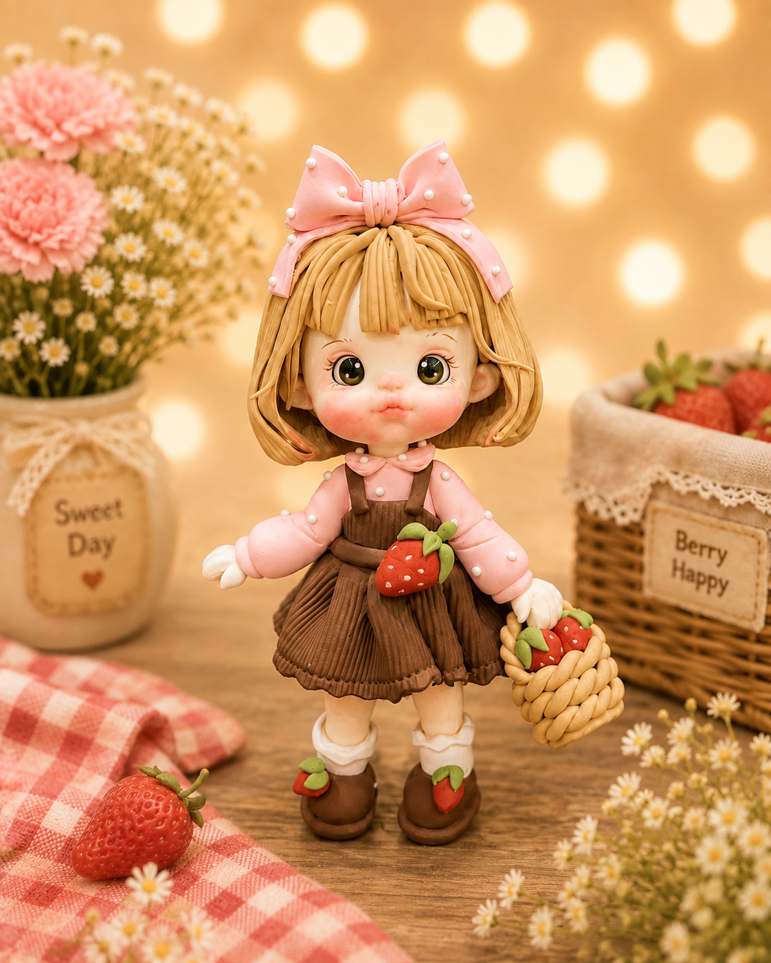 Handmade Strawberry Girl Cake Topper – Sweet Berry Girl with Basket