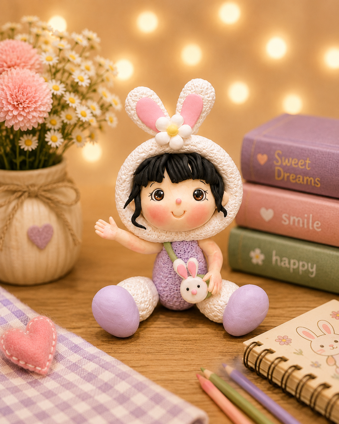 Handmade Little Bunny Girl Cake Topper – Cute Easter Bunny Figurine