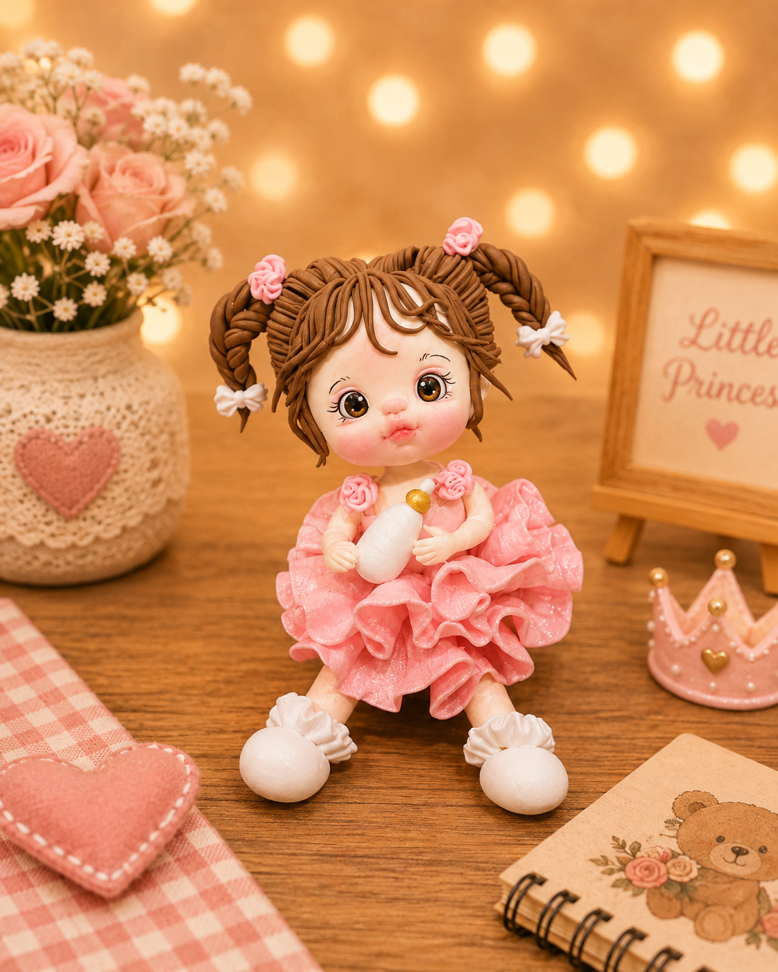 Handmade Baby Girl with Bottle Cake Topper – Pink Ruffle Girl Figurine
