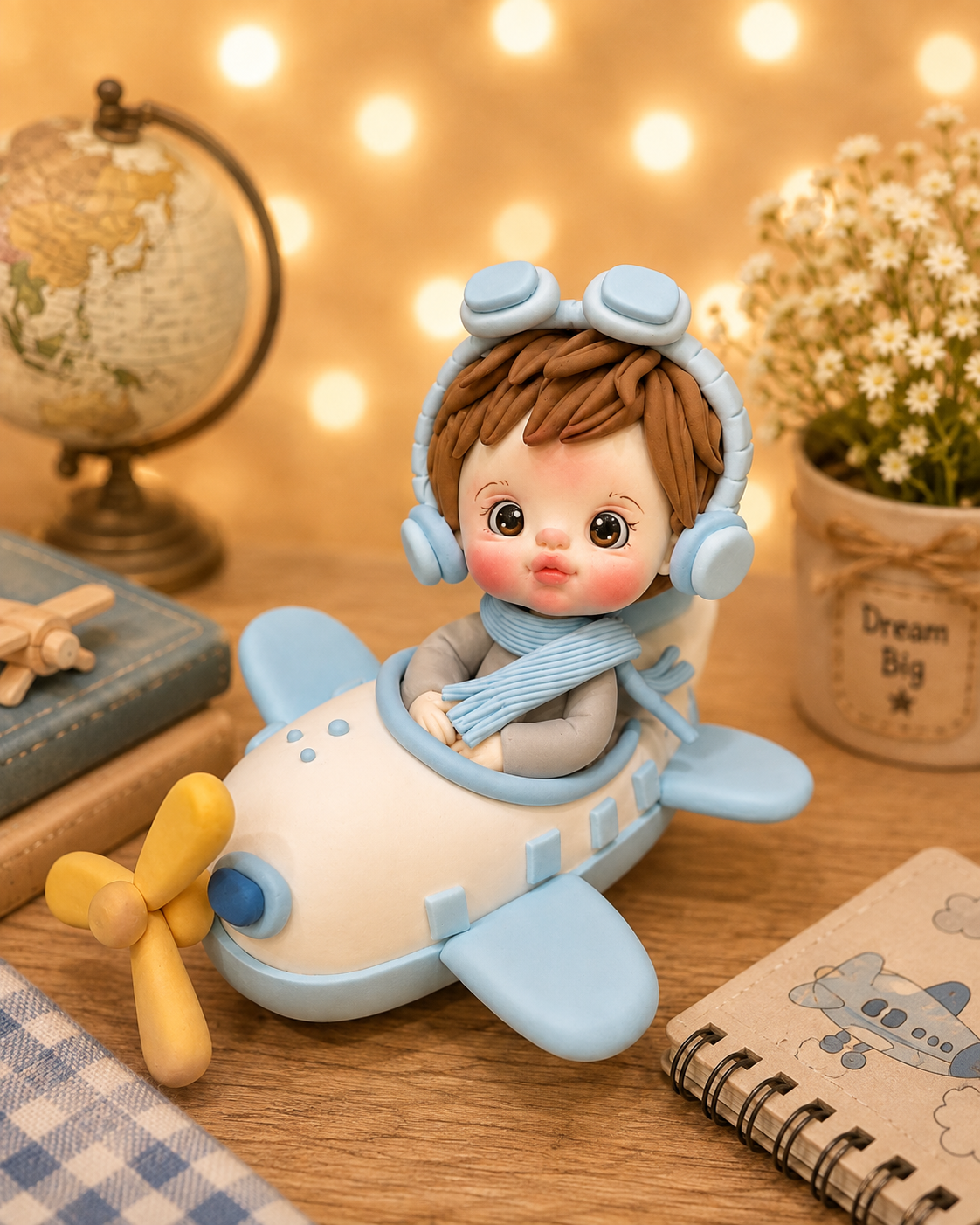 Handmade Little Pilot Airplane Cake Topper – Boy in Blue Plane Figurine