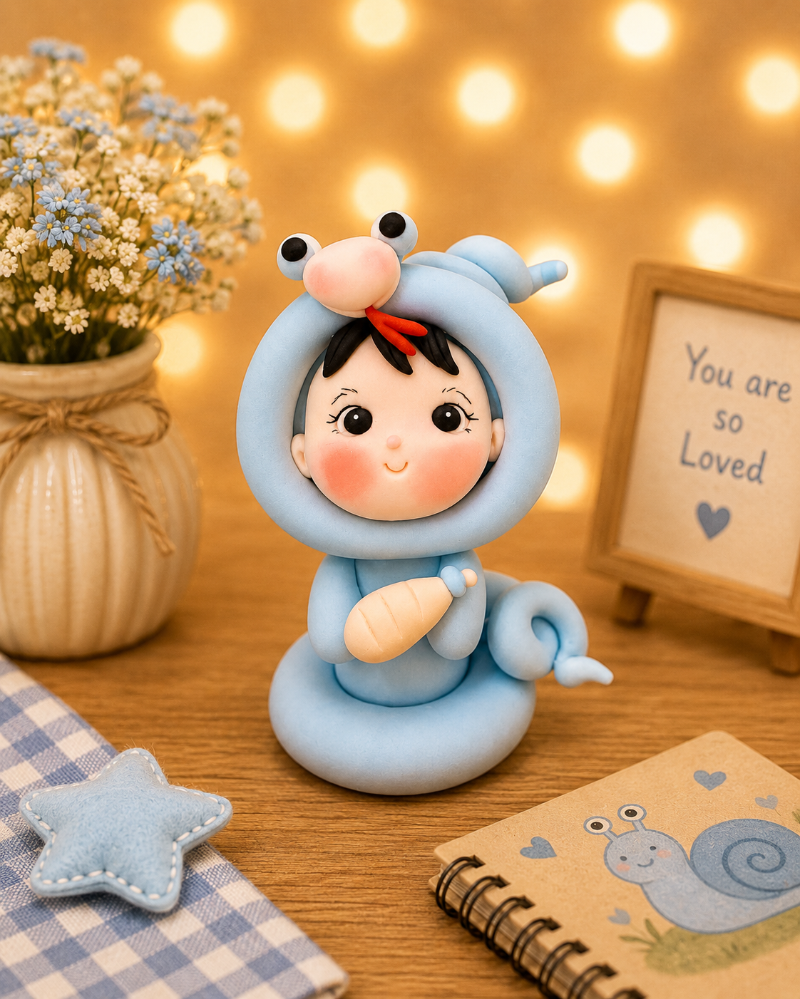 Handmade Little Snake Boy Cake Topper – Cute Blue Snake Costume Figurine