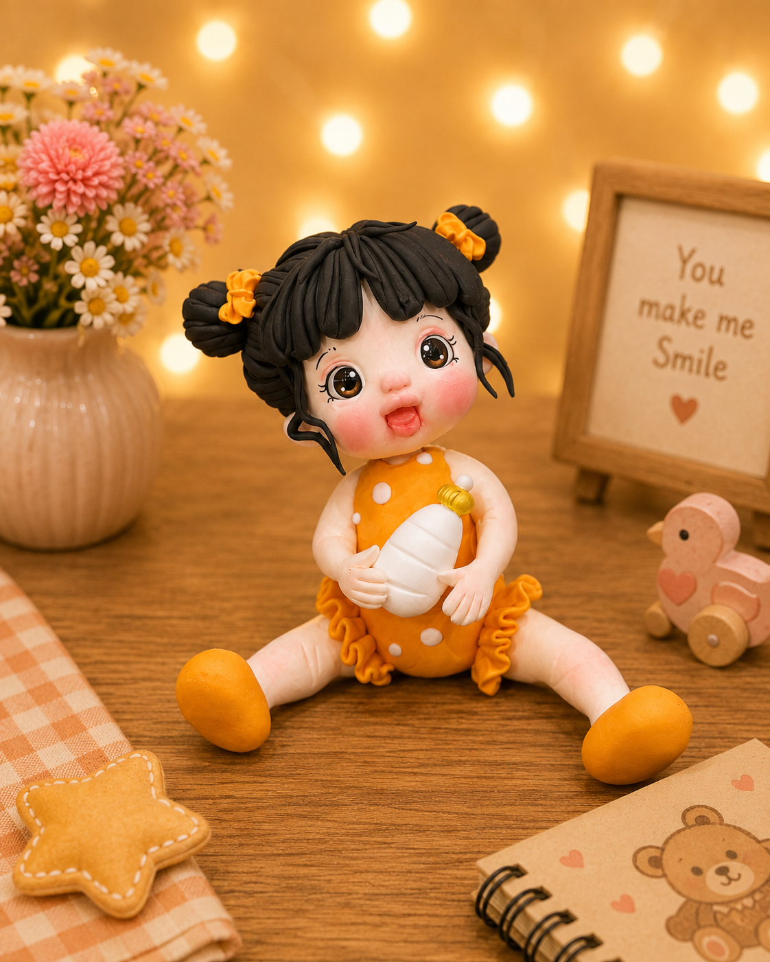 Handmade Baby Girl with Bottle Cake Topper – Orange Baby Figurine